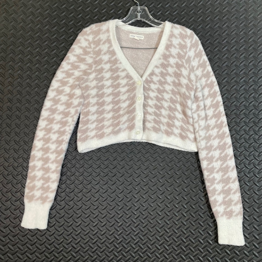 Aeropostale Women's Small Pink White Houndstooth Crop Sweater Cardigan Soft Knit